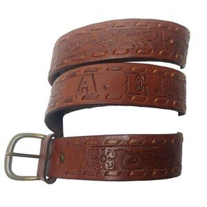 American Eagle Tooled Leather Belt Brown Floral Unisex Up to 35" Waist Boho